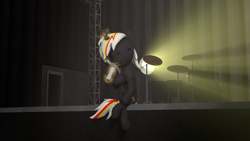 Size: 3840x2160 | Tagged: safe, oc, oc:velvet remedy, fallout equestria, 3d, concert, drums, lamp, microphone, musical instrument, scene, singing, sitting, source filmmaker