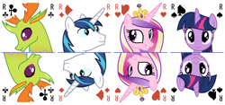 Size: 6400x3000 | Tagged: safe, artist:parclytaxel, princess cadance, shining armor, thorax, twilight sparkle, alicorn, changedling, changeling, pony, unicorn, series:parcly's pony pattern playing cards, .svg available, absurd resolution, bust, female, grin, horn, king of clubs, king of diamonds, king of hearts, king of spades, king thorax, looking at you, male, mare, playing card, portrait, rotational symmetry, simple background, smiling, smiling at you, stallion, tarot card, twilight sparkle (alicorn), vector, white background