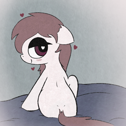 Size: 1020x1020 | Tagged: safe, artist:castafae, oc, oc only, oc:velveteen, earth pony, pony, bed, bedroom eyes, blushing, butt, female, floating heart, floppy ears, heart, heart eyes, looking at you, looking back, looking back at you, mare, plot, raised hoof, rear view, smiling, solo, wingding eyes