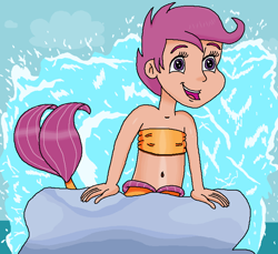 Size: 746x683 | Tagged: safe, artist:ocean lover, scootaloo, human, mermaid, g4, bandeau, bare midriff, bare shoulders, belly, belly button, boulder, child, cloud, cute, cutealoo, disney, fins, fish tail, happy, human coloration, humanized, looking at someone, mermaid lovers, mermaid tail, mermaidized, mermay, midriff, moderate dark skin, ms paint, ocean, open mouth, outdoors, part of your world, purple eyes, purple hair, rock, short hair, singing, sleeveless, species swap, splashing, tail, tail fin, the little mermaid, tomboy, water, wave