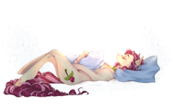 Size: 2368x1439 | Tagged: safe, artist:horrible_coronation, roseluck, earth pony, semi-anthro, g4, abstract background, alternate hairstyle, collar, commission, commissioner:doom9454, crossed legs, eyes closed, hug, lying down, on back, pet tag, pillow, pillow hug, pony pet, rosepet, sleeping, thin, unshorn fetlocks