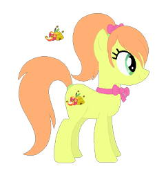 Size: 426x442 | Tagged: safe, artist:selenaede, artist:user15432, oc, oc:honeycomb apple, bee, earth pony, insect, pony, apple, apple slice, base used, bee hive, bow, cutie mark, food, green eyes, hair bow, honey, orange mane, orange tail, pink bow, ponytail, simple background, smiling, solo, tail, transparent background, yellow coat