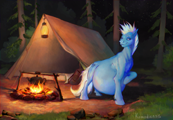 Size: 2800x1950 | Tagged: safe, artist:komodiensis, oc, oc only, oc:melodic, earth pony, pony, abdominal bulge, belly, big belly, campfire, detailed background, fetish, forest, huge belly, implied vore, impossibly large belly, large belly, male, muscles, nature, oral vore, ribs, round belly, slender, solo, stallion, sternocleidomastoid, stuffed, stuffed belly, tent, thin, tree, vore