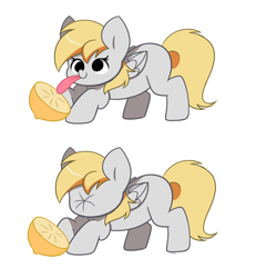 Size: 4360x4718 | Tagged: safe, artist:kittyrosie, derpy hooves, pegasus, pony, g4, 2 panel comic, cartoon physics, comic, cute, derpabetes, female, food, lemon, licking, mare, no catchlights, scrunchy face, simple background, smiling, solo, sour, tongue out, white background
