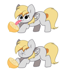 Size: 4360x4718 | Tagged: safe, artist:kittyrosie, derpy hooves, pegasus, pony, g4, 2 panel comic, cartoon physics, comic, cute, derpabetes, female, food, lemon, licking, mare, no catchlights, scrunchy face, silly, silly pony, simple background, smiling, solo, sour, tongue out, white background