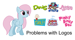 Size: 1843x991 | Tagged: safe, edit, wind whistler, pony, g1, g4, allegra's window, black text, cute, doug, female, folded wings, frown, g1 to g4, generation leap, jim jinkins, jojo's circus, logo, mare, pb&j otter, pinky dinky doo, problem, raised hoof, raised leg, simple background, solo, stanley, text, whistlerbetes, white background, wings
