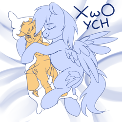 Size: 3500x3500 | Tagged: safe, artist:xwosya, applejack, rainbow dash, pegasus, pony, g4, body pillow, commission, female, lesbian, ship:appledash, shipping, sketch, sleeping, ych sketch, your character here