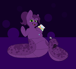 Size: 2000x1800 | Tagged: safe, alternate version, artist:vesper, oc, oc only, oc:poison perfect, lamia, original species, snake, snake pony, belly, belly button, belly piercing, big belly, big tail, bottle, candy, chubby, coils, fangs, fat, fat tail, female, food, gem, green eyes, gummy bears, looking at you, mare, open mouth, overweight, piercing, ponytail, purple background, purple coat, purple mane, smiling, smiling at you, snakepony, soda, soda bottle, solo, spots, tail, thick tail, waving, waving at you