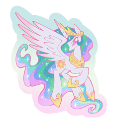 Size: 2048x2158 | Tagged: safe, artist:flhng7g7, artist:junglicious64, princess celestia, alicorn, pony, g4, colored horn, colored wings, colored wingtips, crown, ethereal mane, ethereal tail, eyelashes, female, gradient horn, gradient wings, high res, hoof shoes, horn, jewelry, large wings, long horn, mare, multicolored mane, multicolored tail, outline, peytral, pink eyes, princess shoes, profile, raised hoof, regalia, simple background, smiling, solo, sparkly mane, sparkly tail, spread wings, sticker design, tail, tiara, unicorn horn, wavy mane, wavy tail, white background, white coat, wingding eyes, wings