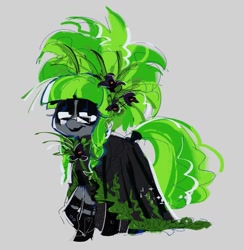 Size: 1335x1370 | Tagged: safe, artist:fryologyyy, oc, oc only, oc:grawlix, earth pony, pony, g4, black dress, black lipstick, boots, braid, clothes, colored sketch, dress, earth pony oc, eyelashes, eyeshadow, flower, flower in hair, gala dress, gala outfit, glasses, goth, gown, gray background, gray coat, green mane, hair accessory, hoof boots, hoof shoes, lidded eyes, lipstick, long dress, long mane, long tail, makeup, mane accessory, raised hoof, shoes, simple background, sketch, smiling, solo, square glasses, standing, tail, tied mane, two toned mane, two toned tail