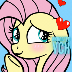 Size: 1080x1080 | Tagged: safe, artist:lannielona, fluttershy, pony, g4, advertisement, animated, blue background, blushing, commission, cute, floating heart, gif, heart, looking back, shy, shyabetes, simple background, smiling, solo, sparkly eyes, underhoof, wingding eyes, your character here