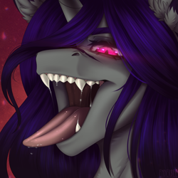 Size: 2048x2048 | Tagged: safe, alternate version, artist:enderbee, oc, oc:enderbee, pony, unicorn, bust, drool, ear fluff, eyeshadow, fangs, female, horn, makeup, mare, mawshot, open mouth, portrait, solo, teeth, tongue out