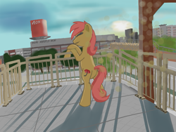 Size: 705x529 | Tagged: safe, artist:aklesswift, oc, oc only, earth pony, day, female, happy, mare, railing, rear view, solo, standing