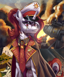 Size: 2864x3464 | Tagged: safe, artist:fly over, oc, oc:red rocket, pony, unicorn, equestria at war mod, badge, cap, cloak, clothes, female, forest, glasses, hat, horn, lidded eyes, mare, morning, nature, necktie, scenery, solar empire, tree, tricolor mane, uniform