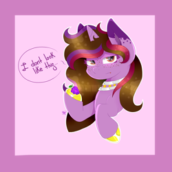 Size: 2000x2000 | Tagged: safe, artist:kathepart, oc, oc:kathepaint, unicorn, collar, dialogue, ear fluff, food, freckles, grapes, half body, horn, simple background, solo