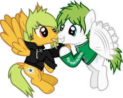 Size: 1575x1252 | Tagged: safe, artist:lightningbolt, derpibooru exclusive, part of a set, pegasus, pony, g4, .svg available, alex gaskarth, all time low, awsten knight, butt fluff, buzzing wings, cheek fluff, clothes, duo, duo male, dyed mane, dyed tail, ear fluff, flying, grin, heterochromia, hood, hoodie, hoof fluff, hoof grab, horseshoes, jewelry, lip bite, long sleeves, looking at each other, looking at someone, male, necklace, ponified, show accurate, simple background, smiling, spread wings, svg, tail, tail feathers, tattoo, transparent background, vector, waterparks, wing fluff, wings