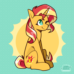 Size: 2343x2343 | Tagged: safe, artist:jellysketch, sunset shimmer, pony, unicorn, g4, catasterism, cute, female, horn, mare, one eye closed, shimmerbetes, sitting, smiling, solo, sun, sunshine shimmer, wink