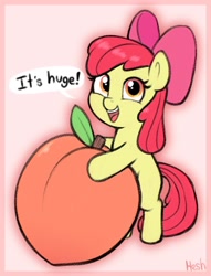 Size: 856x1122 | Tagged: safe, artist:heretichesh, apple bloom, earth pony, pony, g4, blank flank, female, filly, foal, food, peach, solo