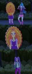 Size: 2000x4500 | Tagged: safe, artist:juanjocrespo, adagio dazzle, aria blaze, sonata dusk, human, equestria girls, g4, ass, belt, blushing, bush, butt, clothes, comic, confused, denim, faic, female, fingerless gloves, flirting, forest, gloves, how to train your dragon, jeans, kisekae, lesbian, meme, movie reference, nature, open mouth, pants, ponified meme, ship:sonagio, shipping, shirt, shorts, skirt, socks, spiked wristband, stockings, the dazzlings, thigh highs, thumbs up, tree, trio, trio female, wristband
