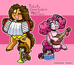 Size: 1700x1500 | Tagged: safe, artist:c1nnamonthep0msky, cheese sandwich, pinkie pie, oc, oc:berry jam, oc:nutty butter, earth pony, pony, accordion, afro puffs, baby, baby pony, blush lines, blushing, colt, cute, drums, family, female, filly, foal, food, guitar, heterochromia, male, mare, musical instrument, offspring, one eye closed, open mouth, open smile, parent:cheese sandwich, parent:pinkie pie, parents:cheesepie, pink background, ship:cheesepie, shipping, simple background, smiling, sprinkles, sprinkles in hair, stallion, straight, trumpet, unshorn fetlocks