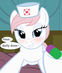 Size: 2037x2397 | Tagged: safe, artist:badumsquish-edits, edit, nurse redheart, earth pony, pony, g4, bed, bedroom eyes, blushing, daily dose, dialogue, dragon ball, dragon ball z, female, female on top, femdom, grin, gritted teeth, hat, heart, high res, hospital, imminent anal insertion, imminent insertion, imminent suppository, implied anal insertion, implied insertion, looking at you, male, male pov, meme, nurse, nurse hat, offscreen character, offscreen male, on top, pill, pov, smiling, smirk, suppository, talking, talking to viewer, teeth, thanks doc