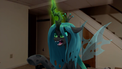 Size: 2223x1251 | Tagged: safe, artist:impamy, queen chrysalis, changeling, changeling queen, g4, angry, fangs, female, glowing, glowing horn, horn, insect wings, jerma985, mare, meme, open mouth, real life background, solo, streaming, teeth, wings
