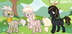 Size: 1280x598 | Tagged: safe, artist:vi45, oc, oc only, unnamed oc, zebra, adoptable, arm band, dreadlocks, ear piercing, earring, eyeshadow, female, grin, jewelry, looking at you, makeup, male, necklace, open mouth, open smile, piercing, raised hoof, smiling, stripes, trio, zebra oc