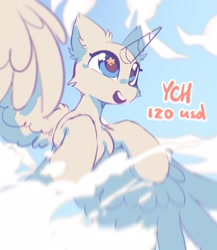 Size: 1774x2048 | Tagged: safe, artist:mirtash, oc, oc only, pony, cheek fluff, chest fluff, colored, commission, ear fluff, eyelashes, looking up, open mouth, open smile, partially open wings, raised hooves, smiling, solo, starry eyes, wing fluff, wingding eyes, wings, your character here