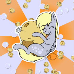 Size: 851x851 | Tagged: safe, artist:mranthony2, derpy hooves, pegasus, pony, g4, bubble, food, giant food, hug, muffin, plushie, solo, sticker, sunburst background, that pony sure does love muffins