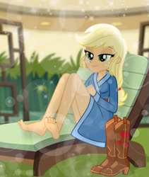 Size: 843x1000 | Tagged: safe, artist:emeraldblast63, applejack, equestria girls, g4, barefoot, boots, chair, feet, nail polish, shoes, simple background, solo, toenail polish, transparent background
