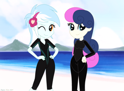 Size: 2118x1547 | Tagged: safe, artist:stephen-fisher, bon bon, lyra heartstrings, sweetie drops, human, equestria girls, g4, beach, clothes, duo, duo female, female, lesbian, one eye closed, pose, ship:lyrabon, shipping, smiling, swimsuit, wetsuit, wink