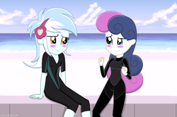 Size: 3593x2389 | Tagged: safe, artist:stephen-fisher, bon bon, lyra heartstrings, sweetie drops, human, equestria girls, g4, beach, blushing, clothes, female, lesbian, looking at each other, looking at someone, ship:lyrabon, shipping, smiling, swimsuit, wetsuit