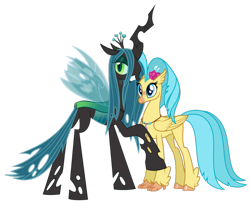 Size: 951x771 | Tagged: safe, edit, editor:scribbly07, vector edit, princess skystar, queen chrysalis, changeling, changeling queen, hippogriff, couple, duo, implied shipping, shipping, vector