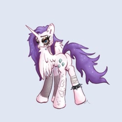 Size: 1151x1151 | Tagged: safe, artist:tuskonline, rarity, alicorn, pony, g4, anklet, bandage, bandaged leg, clothes, cutie mark, ear piercing, female, fishnet clothing, fishnet stockings, jewelry, looking at you, looking back, makeup, mare, piercing, purple mane, purple tail, running makeup, simple background, solo, solo female, spread wings, stockings, tail, tattoo, thigh highs, white body, wing piercing, wings