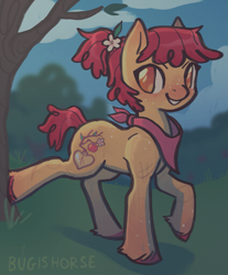 Size: 1973x2388 | Tagged: safe, artist:bugishorse, apple bloom, earth pony, pony, g4, alternate cutie mark, applebucking, bandana, body freckles, female, flower, flower in hair, freckles, grin, high res, mare, older, older apple bloom, smiling, solo, unshorn fetlocks