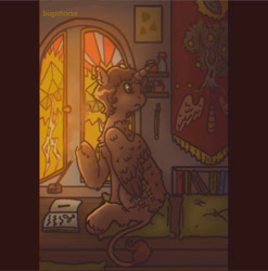 Size: 889x899 | Tagged: safe, artist:bugishorse, oc, oc only, alicorn, pony, book, pillow, sitting, solo, stained glass, tapestry