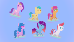 Size: 1920x1080 | Tagged: safe, artist:carrotorangelight, hitch trailblazer, izzy moonbow, misty brightdawn, pipp petals, sunny starscout, zipp storm, earth pony, pegasus, pony, unicorn, g5, my little pony: tell your tale, where the rainbows are made, female, horn, male, mane five, mane six (g5), pointy ponies, rebirth misty, surfing