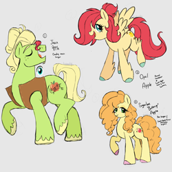 Size: 3000x3000 | Tagged: safe, artist:texacity, oc, oc only, oc:jazz apple, oc:opal apple, oc:sugarbee buttercup apple, earth pony, pegasus, pony, clothes, curly mane, eyes closed, gray background, hair over one eye, lidded eyes, offspring, open mouth, open smile, parent:big macintosh, parent:fluttershy, parents:fluttermac, siblings, simple background, smiling, traditional art, trio, unshorn fetlocks, vest