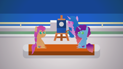 Size: 1920x1080 | Tagged: safe, artist:carrotorangelight, izzy moonbow, misty brightdawn, sunny starscout, g5, easel, female, moon, painting, sitting