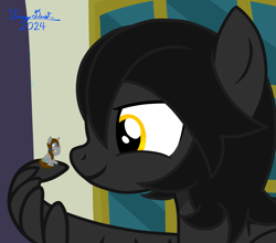 Size: 2689x2370 | Tagged: safe, artist:twiny dust, oc, oc only, oc:dust, oc:eclipse, pegasus, pony, unicorn, awkward smile, building, canterlot, canterlot city, duo, duo male and female, embarrassed, female, hairband, hooves behind head, horn, male, mare, micro, micro may, pegasus oc, ponytail, shrunken, sitting, smiling, smirk, stallion, story included, tiny, tiny ponies, unicorn oc, wing hands, wings