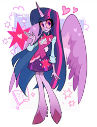 Size: 1280x1674 | Tagged: safe, artist:budweiset, twilight sparkle, anthro, unguligrade anthro, g4, bowtie, button-up shirt, clothes, colored sclera, cutie mark, cutie mark background, cutie mark on clothes, demonized, female, gradient hair, gradient legs, heart, hellaverse, horn, looking at you, passepartout, pink sclera, shirt, simple background, skirt, solo, standing, thick eyelashes, unshorn fetlocks, vest, white background, wings