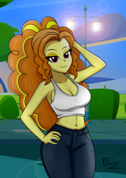 Size: 1673x2368 | Tagged: safe, artist:danielitamlp, adagio dazzle, human, equestria girls, g4, armpits, belly button, breasts, busty adagio dazzle, cleavage, clothes, denim, female, hand on head, hand on hip, jeans, looking at you, midriff, pants, smiling, solo, streetlight, stupid sexy adagio dazzle, tank top