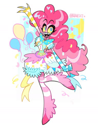 Size: 1080x1413 | Tagged: safe, artist:budweiset, part of a set, pinkie pie, demon, earth pony, anthro, unguligrade anthro, g4, :d, bowtie, clothes, colored pupils, colored sclera, confetti, cutie mark, cutie mark background, demonized, dress, evening gloves, female, gloves, hellaverse, leg stripes, long gloves, mare, mismatched gloves, open mouth, open smile, passepartout, raised leg, sharp teeth, simple background, smiling, solo, species swap, stripes, teeth, thick eyelashes, white background, yellow sclera