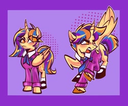 Size: 1800x1500 | Tagged: safe, artist:sarpiza_, oc, oc only, alicorn, pony, alicorn oc, brother and sister, clothes, colt, duo, duo male and female, female, filly, foal, fraternal twins, horn, long sleeved shirt, long sleeves, male, offspring, one wing out, parent:flash sentry, parent:twilight sparkle, parents:flashlight, passepartout, purple background, shirt, siblings, simple background, twins, wings