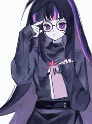 Size: 500x667 | Tagged: safe, artist:白魚, twilight sparkle, human, g4, book, glasses, humanized, simple background, solo, white background
