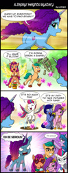 Size: 800x2020 | Tagged: safe, artist:uotapo, hitch trailblazer, izzy moonbow, misty brightdawn, pipp petals, sunny starscout, zipp storm, alicorn, earth pony, pegasus, pony, unicorn, g5, my little pony: a zephyr heights mystery, angry, artificial horn, artificial wings, augmented, barrel, breaking, butt, collecting, comic, distracted, female, flower, glasses, horn, implied sparky sparkeroni, magic, magic horn, magic wings, male, mane five, mane six (g5), mane stripe sunny, mare, misty brightdawn is not amused, necktie, plot, priorities, race swap, rebirth misty, skewed priorities, speech bubble, stallion, stars, sunglasses, sunnycorn, unamused, wings, yelling