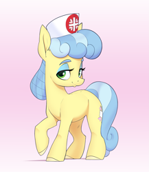Size: 2033x2342 | Tagged: safe, artist:aquaticvibes, nurse coldheart, nurse snowheart, earth pony, pony, female, gradient background, high res, mare, raised hoof, solo