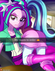 Size: 1500x1942 | Tagged: safe, artist:dieart77, aria blaze, sonata dusk, human, equestria girls, g4, 2d, ass, boots, butt, car, car interior, clothes, duo, eyeshadow, female, he wants to order, legs, makeup, meme, pants, patreon, patreon logo, pigtails, ponytail, selfie, shirt, shoes, skirt, twintails, unamused, vest