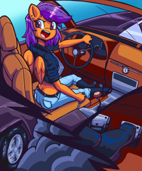 Size: 3500x4200 | Tagged: safe, artist:shadowhawx, scootaloo, pegasus, anthro, ass, butt, buttcrack, car, clothes, denim, driving, female, high res, jeans, looking back, mare, older, older scootaloo, open mouth, open smile, pants, scootabutt, smiling, solo, steering wheel