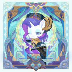 Size: 2209x2209 | Tagged: safe, artist:koyii-kong, rarity, pony, unicorn, g4, abstract background, cape, clothes, diamond, female, hat, high res, horn, lidded eyes, looking at you, mare, one eye closed, sitting, smiling, smiling at you, solo